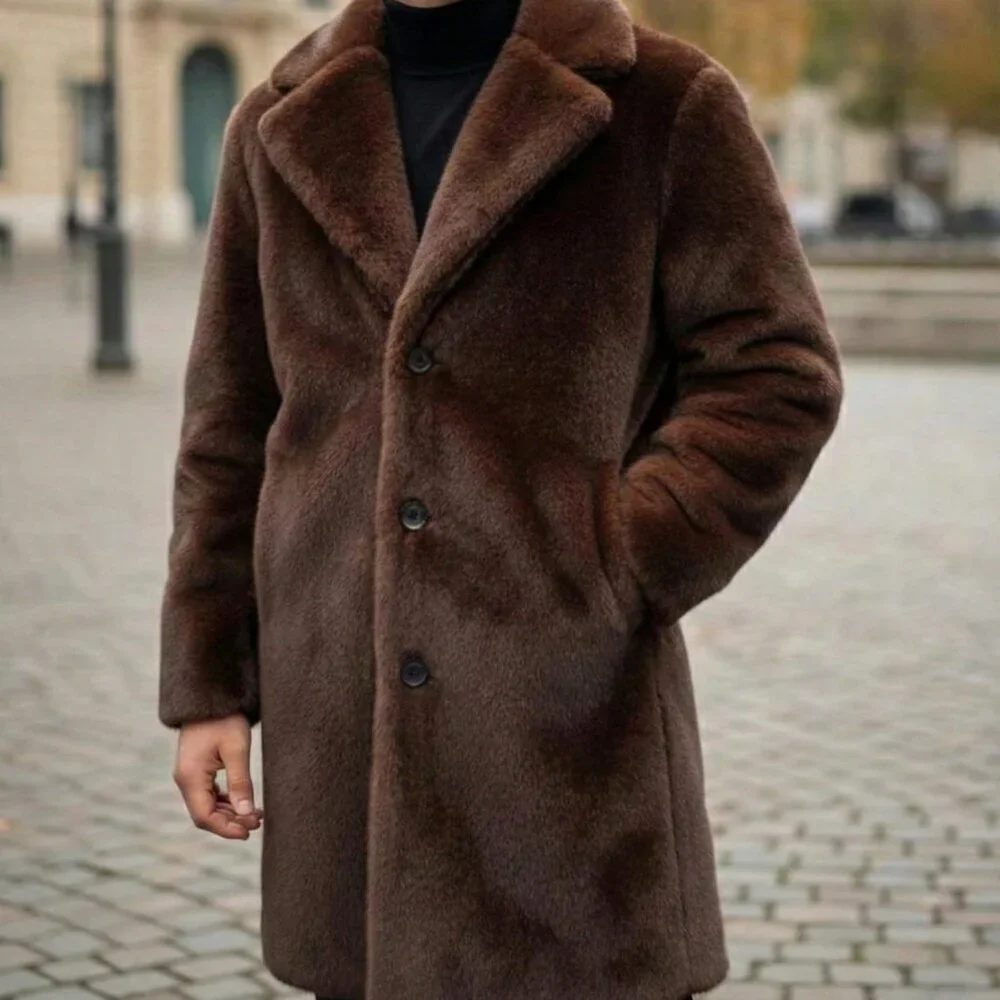 Brown Casual Men's Faux Mink Fur Long Coat - Picture 2 of 4